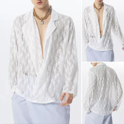 Men Lapel Neck Long Sleeve Tops Shirt Lace Crochet Sheer Shirts Solid Blouse Tee • £18.99