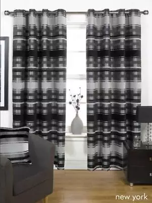 BLACK & GREY THICK HEAVY Lined EYELET Curtains 4 Sizes • £85