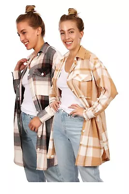 Women's Cotton Flannel Curve Check Brushed Oversized Dress Boyfriend Shirts M 03 • £11.99