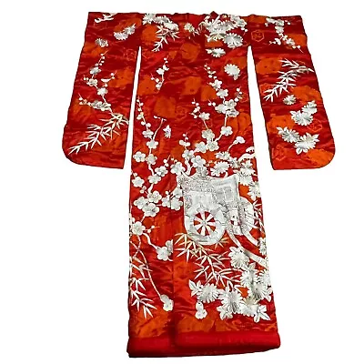 Vintage Red Japanese Uchikake Hand Sewn Ceremonial Wedding Kimono Silk Embroider • $749.98