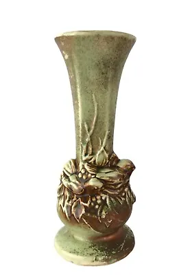 McCoy Vintage Vase 7.75  Greens Browns Nesting Birds Design • $17.99
