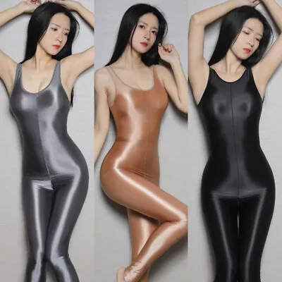£15.46 • Buy Women Sexy Oil Shiny Glossy Jumpsuit Opaque Wetlook Sukumizu Bodysuit Zip Crotch