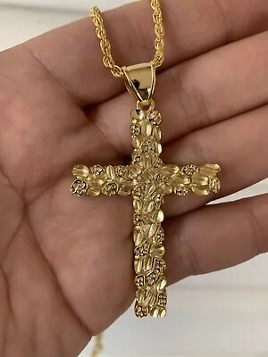 Mens Large Gold Nugget Cross 14k Gold Plated Solid 925 Silver Necklace Chain • $45.25