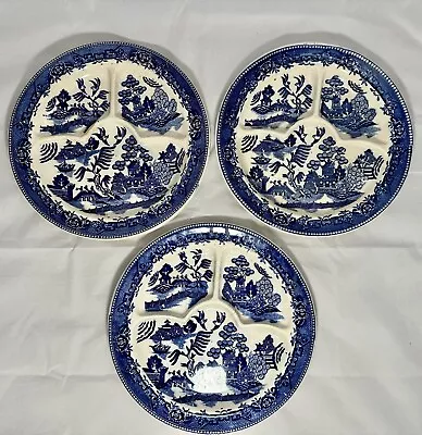 Antique Moriyama Blue Willow 11” Round Divided Dinner /Grill Plates Set Of 3 • $45.50