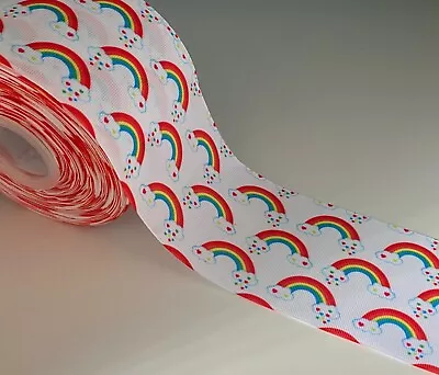 Rainbow Cloud Heart Single Sided Quality Printed Grosgrain Ribbon 3  75mm • £1.95