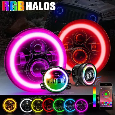 7'' RGB LED Halo Headlights Fog Lights Combo Kit For Jeep Wrangler JK Muti-Color • $148.99