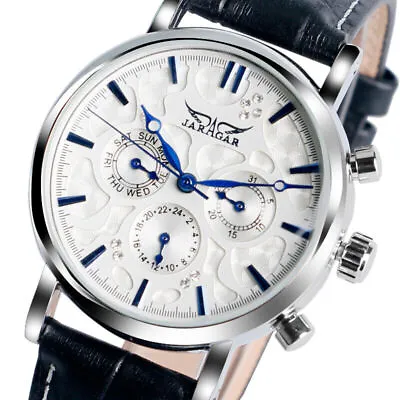 JARAGAR Men's Automatic Watch Day Date Display Black Strap Mechanical Wristwatch • £27.58