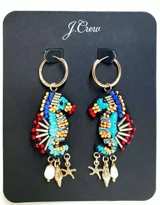 J.Crew Beaded Seahorse Leather Statement Earrings Blue Red Multi-Color AP427 NWT • $32