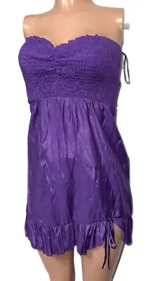 Y2K Purple Smock Mardi Gras Strapless Mini Ruffle Cleavage Dress Babydoll Micro • $10.80