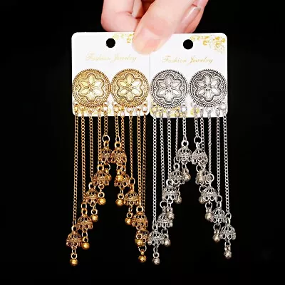 $5.20 • Buy Oxidized Gold Silver Long Tassel Bell Jhumka Indian Earrings Jewelry For Women