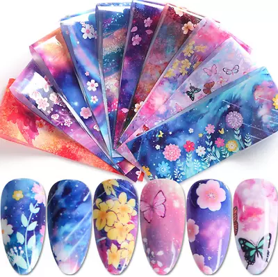 10pcs Sky Butterfly Flower Nail Art Film Foil Transfer Decals Manicure DIY XK123 • $2.98