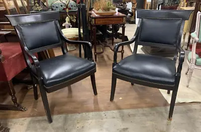 Antique Armchairs Fauteuils Black Leather Pair Set Of 2 Dark Wood Tones! • $1175