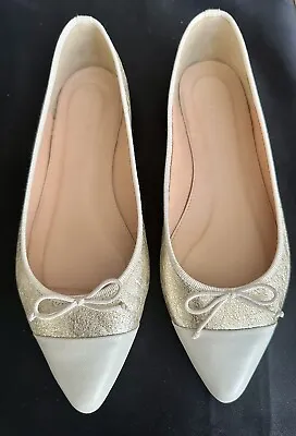 J Crew Leather Cap-Toe Pale Metallic Gold Flats L Size 7 • $39