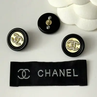 CHANEL Vintage Buttons + Label Set Of 3  18 Mm Or 3/4 In Black Gold Tone Strass • $85