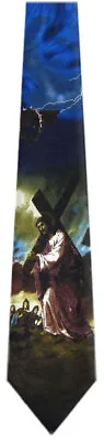 $10.95 • Buy Men's Black Navy Blue Religious Necktie Jesus Carrying The Cross Crucifixion