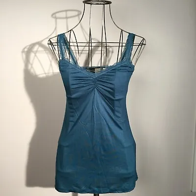 New ELOISE Anthropologie Turquoise Ruched Front Cami SMALL $34 Lace Sleep Lounge • $25