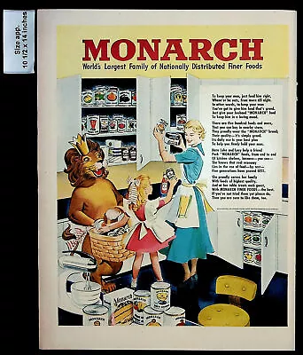 1948 Monarch Finer Food Distributor Woman Pantry Lion Can Vintage Print Ad 28767 • $7.48