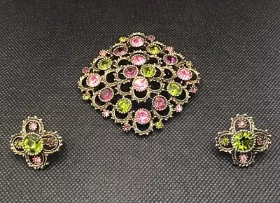 VTG SARAH COVENTRY Austrian Lites Pink Purple Green Rhinestone Brooch & Earrings • $42.88