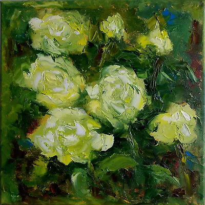 White Wild Roses Flowers Original Oil Painting Canvas 12x12 Hand Painted YSArt • £140