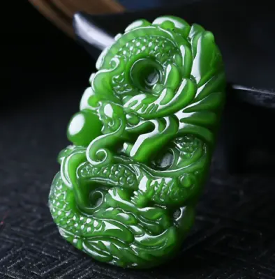 Chinese Hetian Jade Hand-carved Dragon Pendant Natural Green • £4.79