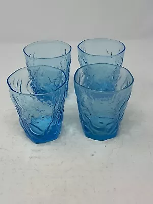 Set Of 4 Morgantown Peacock Blue Crinkle Glass Juice Glass 3 1/2  T • $25