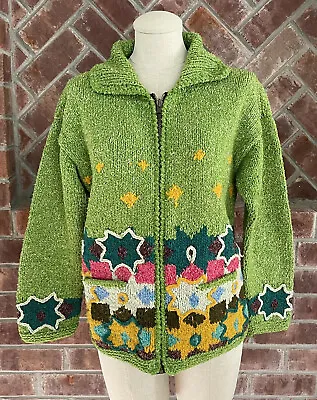 Hand Knit Ecuador Sweater Womens Full Zip Size Large Pockets Green • $59.99