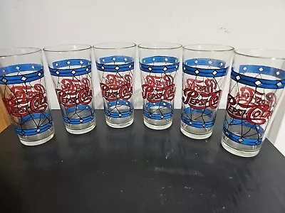 Vintage Pepsi Cola Stained Glass Tiffany Style Drinking Glasses 1970's Set Of 6 • $39.99