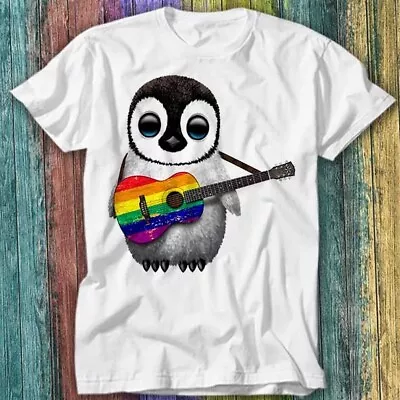 Baby Penguin Playing Guitar Lesbian Gay Pride LGBT Rainbow T Shirt Top Tee 191 • £6.70