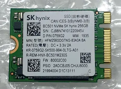 SK Hynix BC501 256GB NVMe PCIe M2 2230 SSD HFM256GDGTNG-83A0A D P/N 0759G2 Dell • £13.50