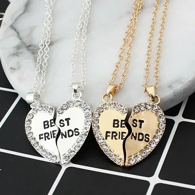 New 2PCs Crystal Heart Pendant Necklace 2020 Silver Gold Jewelry BFF Best Friend • £3.99