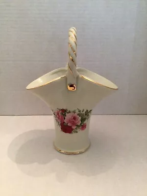 Formalities By Baum Bros Rose Porcelain Basket Vase Gold Accents Vintage  • $14