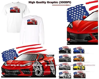 Corvette C8 American Muscle Paint Colors USA Flag DigiRods Cartoon Car T Shirt • $27.95