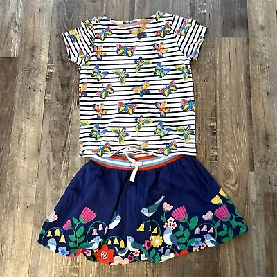 Mini Boden Girls Navy Blue Bird Print Skirt Sz 7/8 Jersey Pockets With Sz8/9 Top • $22