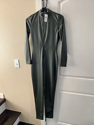 Windsor Faux Leather Olive Green Full Body Catsuit Jumpsuit Sleeved New • $10