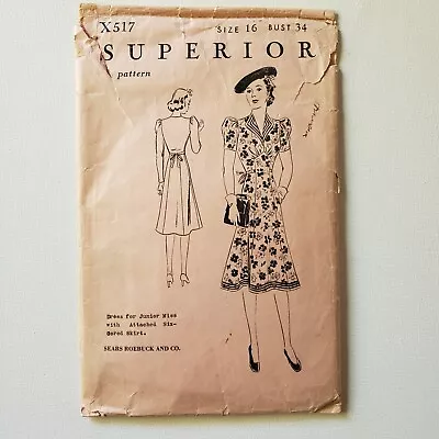 1940s Vintage Superior Pattern X517 Dress Sewing Pattern • $28