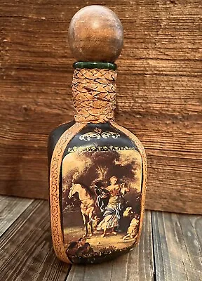 Italian Leather Wrapped Decanter Green Glass Bottle Square 10 1/4 “ Wood Stop • $48