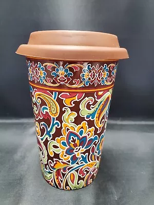 Longaberger Vitrified Pottery Heavy Travel Mug Cup W/ Lid Colorful Paisley 8 Oz • $18