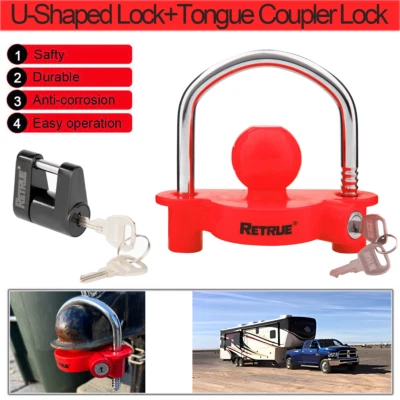 $30.54 • Buy RETRUE Trailer Hitch Security Lock Set Including Red U-Shape+Tongue Coupler Lock