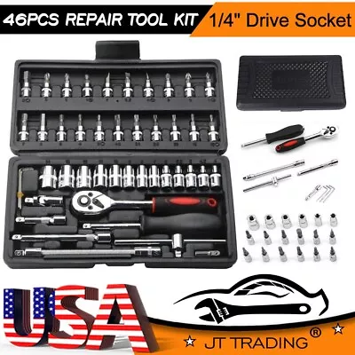 46 Piece 1/4  Drive Socket Wrench Ratchet Driver Set Screwdriver Tool With Case • $14.89