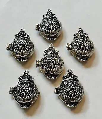 6 Raised Peacock Silver Tone Metal Locket Charm Pendant Jewelry Finding 1x1 1/2  • $0.99