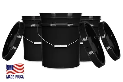 5 Gallon Food Grade Buckets BPA Free With Lids Pails 90mil Black (Pack Of 3) • $46.77