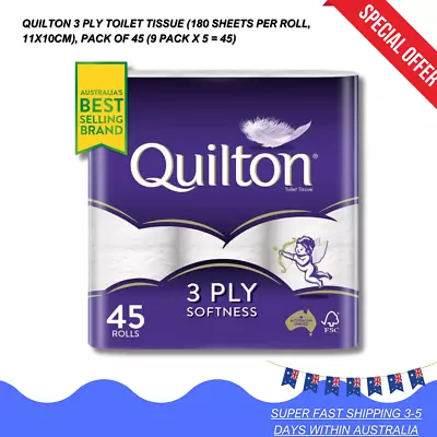 Quilton 3 Ply Toilet Tissue (180 Sheets Per Roll 11x10cm) Pack Of 45 (9 Pack X • $28.27