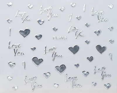 Silver Metallic Hearts I Love You Word Writing 3D Nail Art Stickers Decals • $2.83