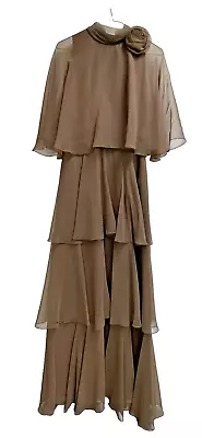 VTG 70s Saks Fifth Ave Brown Chiffon Ruffle Tiered Formal Dress Caplet Flower 14 • $50