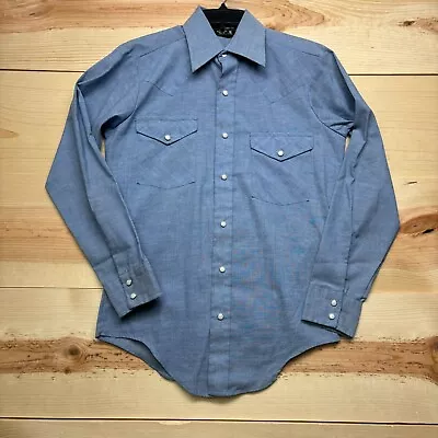 Vintage Chambray Shirt Small Blue Button Long Sleeve Pearl Snap JC Penney 80s • $24.99