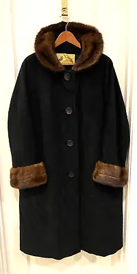 Vintage '50-60s Black Wool Blend Brown Fur Trimmed A Line Swing Coat Granny Core • $64.99
