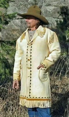 Men Heren White Western Style Native Suede Long Coat Handmade Cowboy Fringe • $210