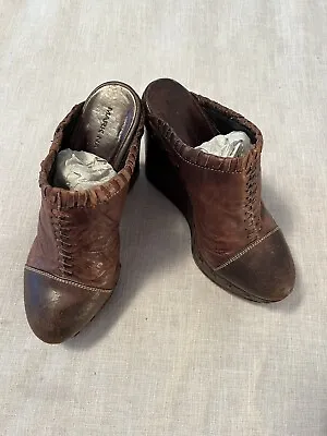 $180 Mark Nason Brown Distressed Leather Wedge Mules Clogs Womens 9 M Italy CC2 • $29.96