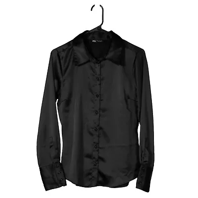 Zara Women's Shirt Button Up Black Viscose Long Sleeve Satin Silky Blouse Top M • $24.99