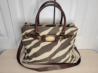 MICHAEL KORS Hamilton Brown Tan Gold Zebra Print Large Canvas Leather Purse Bag • $91.99